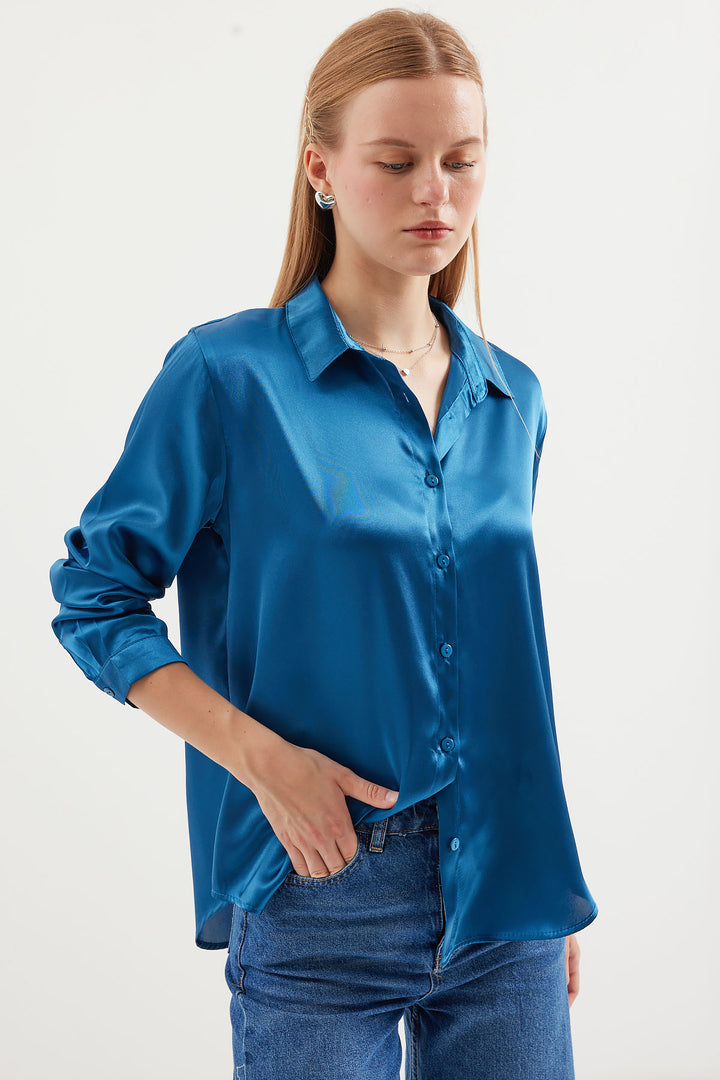 BGD Women Lightweight Draped Satin Shirt - Petrol - Avondale