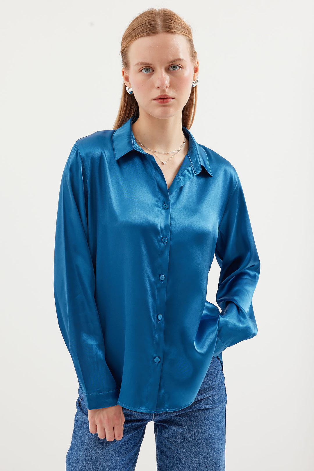 BGD Women Lightweight Draped Satin Shirt - Petrol - Avondale