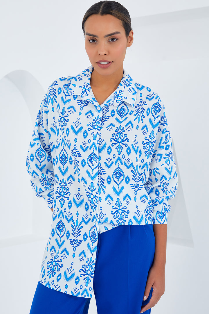 BGD Women Woman Blue White Patterned Oversized Satin Shirt 3985 - Avondale