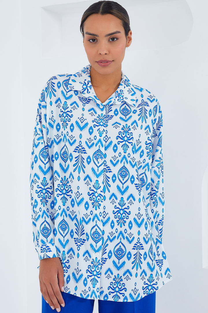 BGD Women Woman Blue White Patterned Oversized Satin Shirt 3985 - Avondale