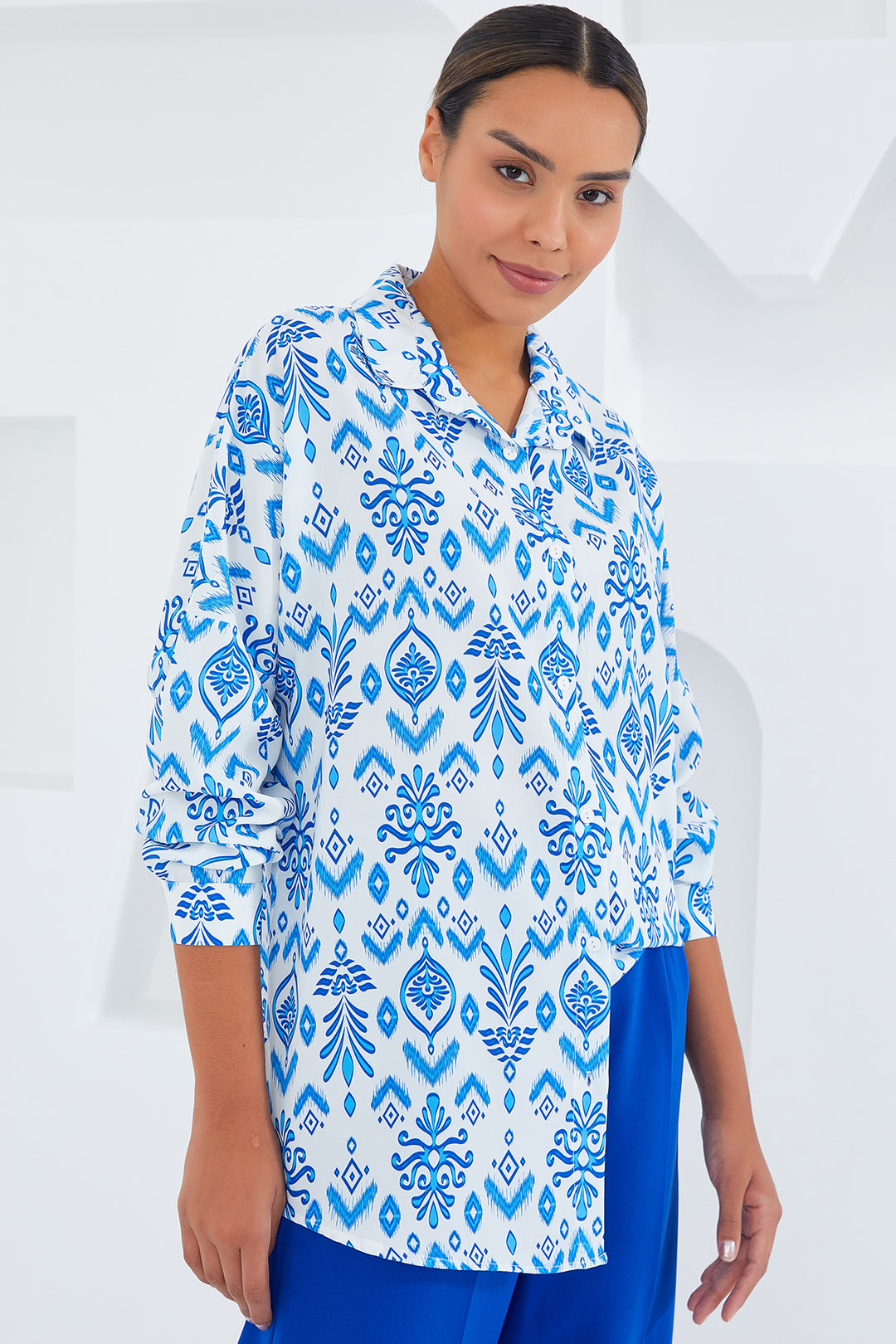 BGD Women Woman Blue White Patterned Oversized Satin Shirt 3985 - Avondale