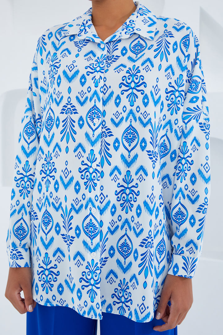 BGD Women Woman Blue White Patterned Oversized Satin Shirt 3985 - Avondale