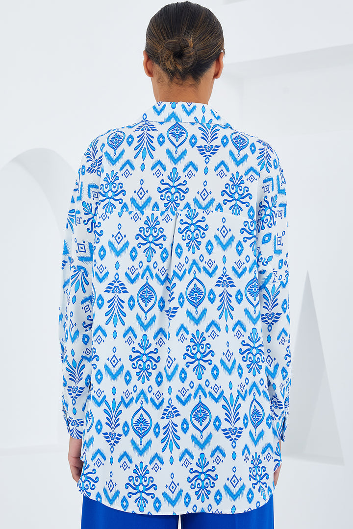 BGD Women Woman Blue White Patterned Oversized Satin Shirt 3985 - Avondale