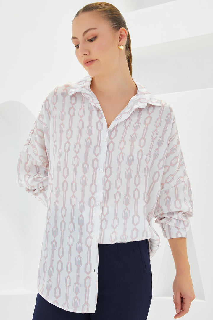 BGD Women Woman Powder White Patterned Oversized Satin Shirt 3985 - Avondale