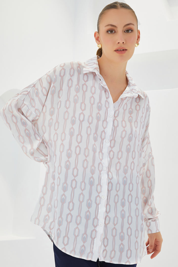 BGD Women Woman Powder White Patterned Oversized Satin Shirt 3985 - Avondale