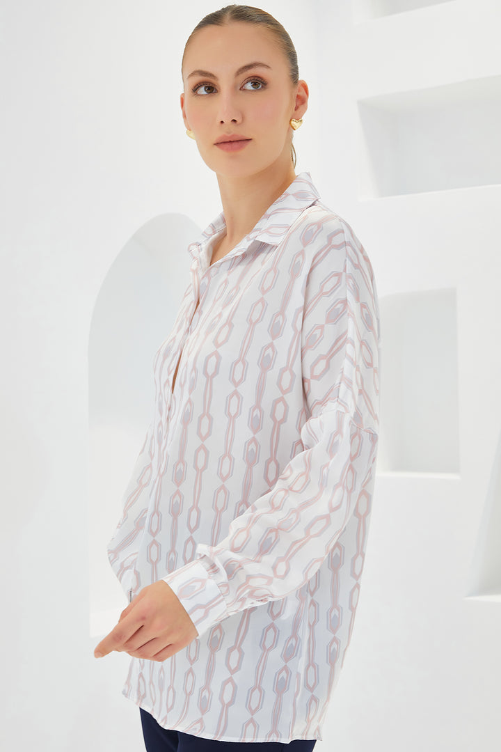 BGD Women Woman Powder White Patterned Oversized Satin Shirt 3985 - Avondale