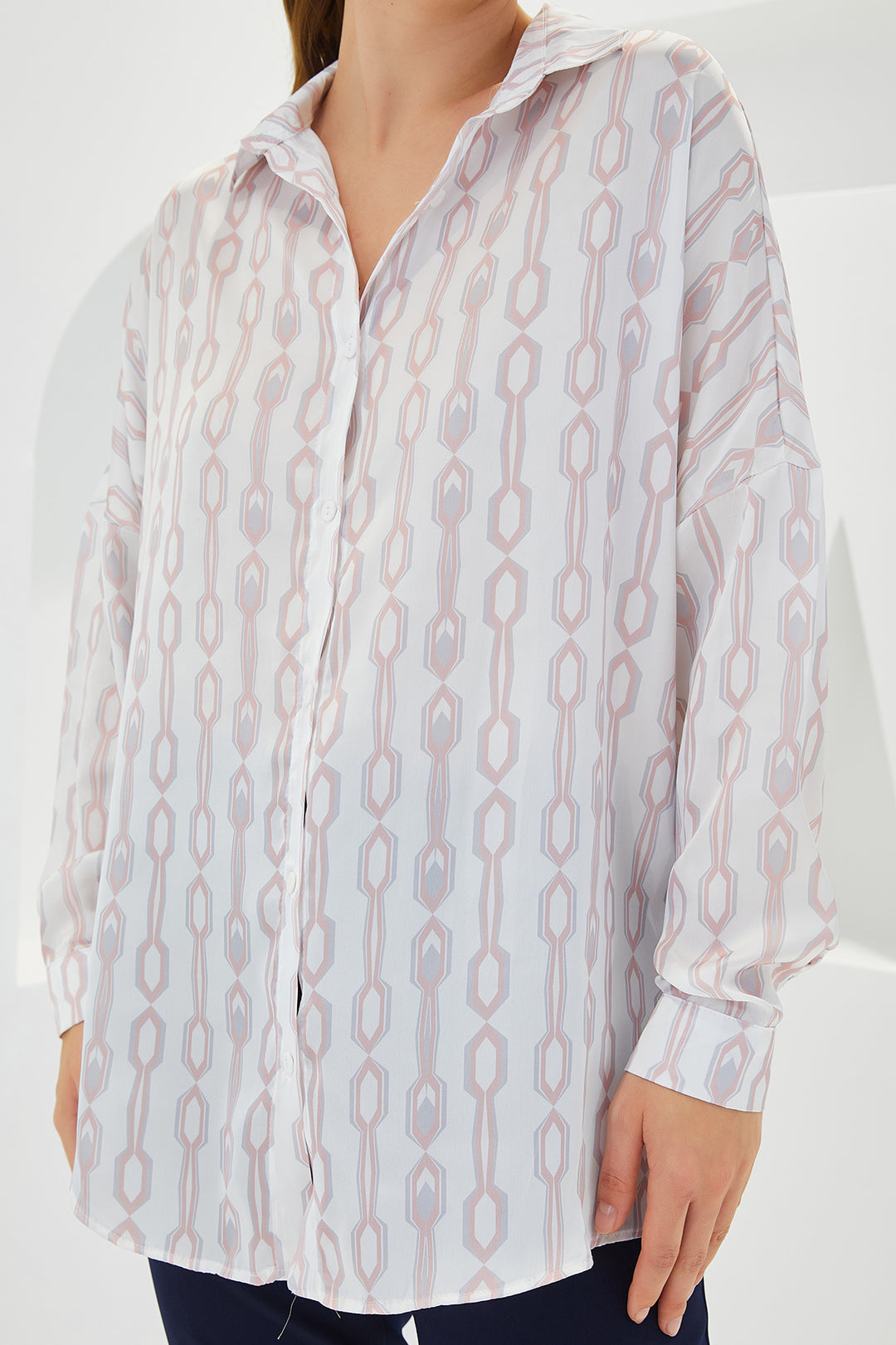 BGD Women Woman Powder White Patterned Oversized Satin Shirt 3985 - Avondale