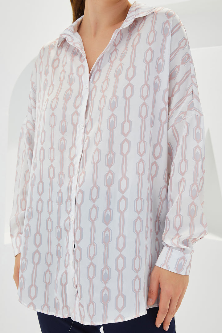 BGD Women Woman Powder White Patterned Oversized Satin Shirt 3985 - Avondale