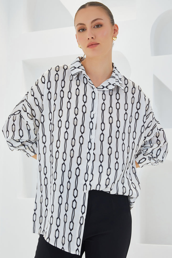 BGD Women Woman Black and White Patterned Oversized Satin Shirt 3985 - Avondale