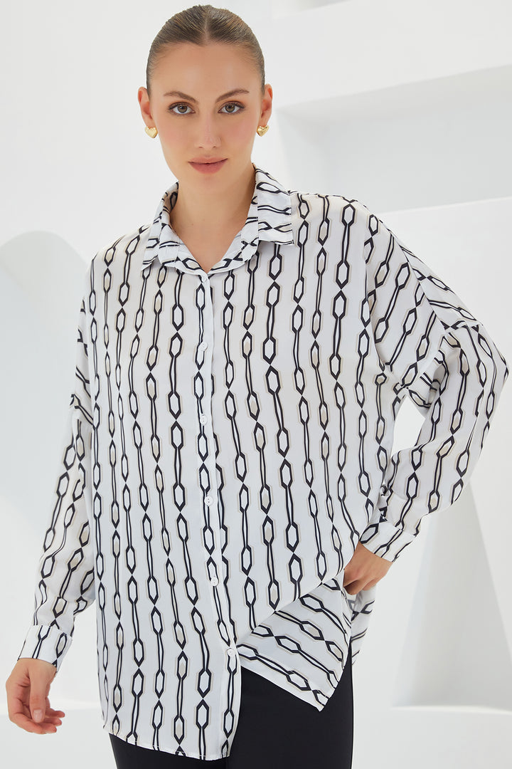 BGD Women Woman Black and White Patterned Oversized Satin Shirt 3985 - Avondale