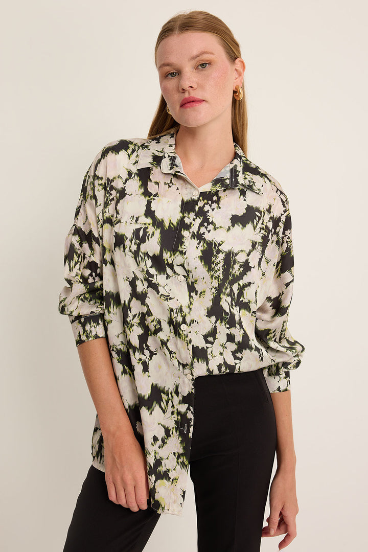 BGD Women Woman Green Black Flower Patterned Oversized Satin Shirt 3985 - Avondale