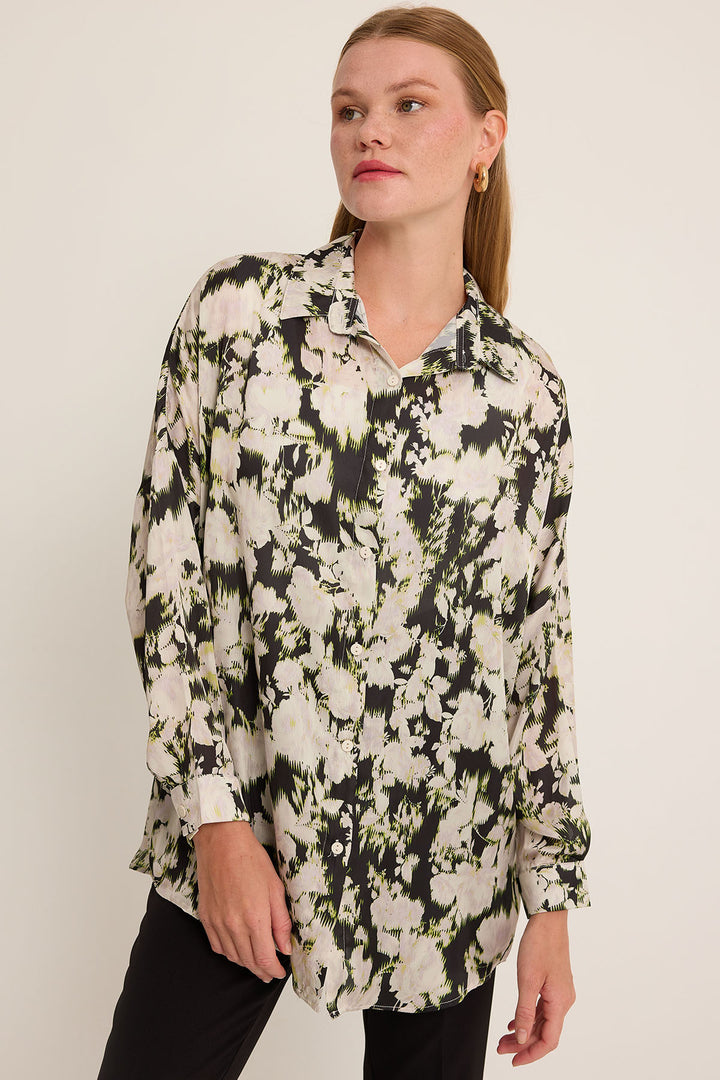 BGD Women Woman Green Black Flower Patterned Oversized Satin Shirt 3985 - Avondale