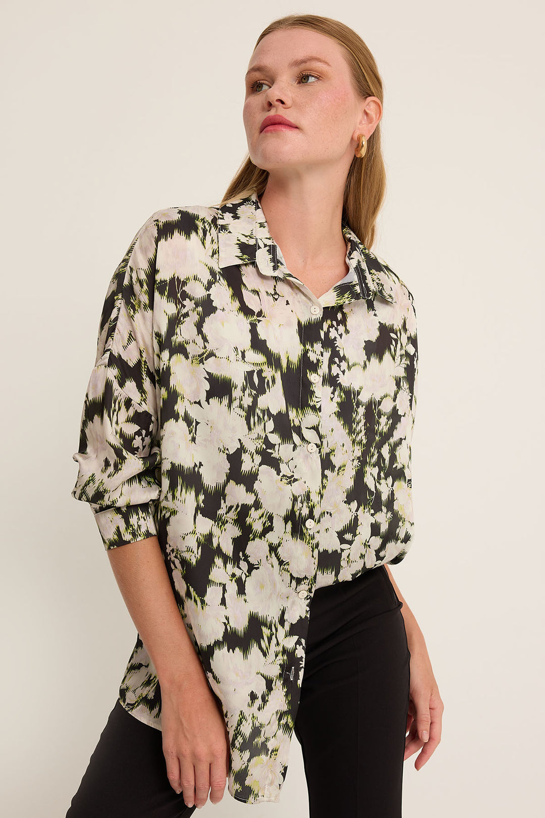 BGD Women Woman Green Black Flower Patterned Oversized Satin Shirt 3985 - Avondale