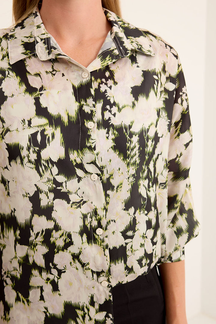 BGD Women Woman Green Black Flower Patterned Oversized Satin Shirt 3985 - Avondale