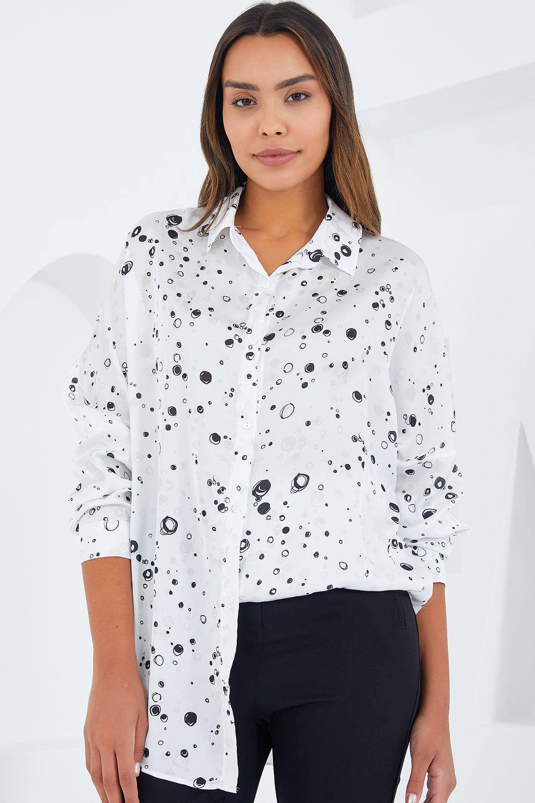 BGD Women Woman Black and White Patterned Oversized Satin Shirt 3985 - Avondale