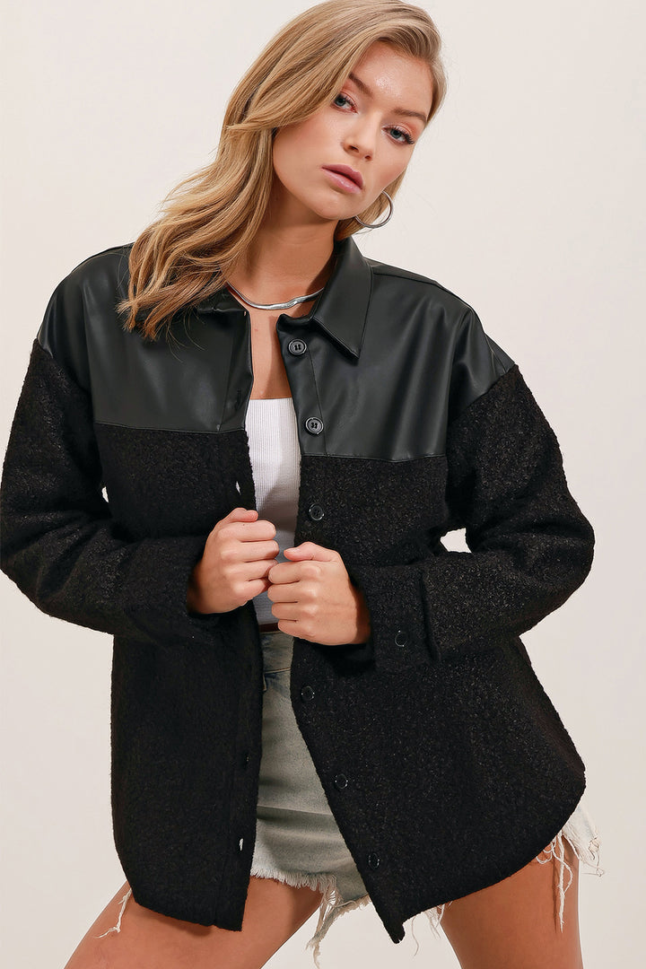 BGD Women Leather Detailed Buckled Oversized Shirt - Black - Avondale