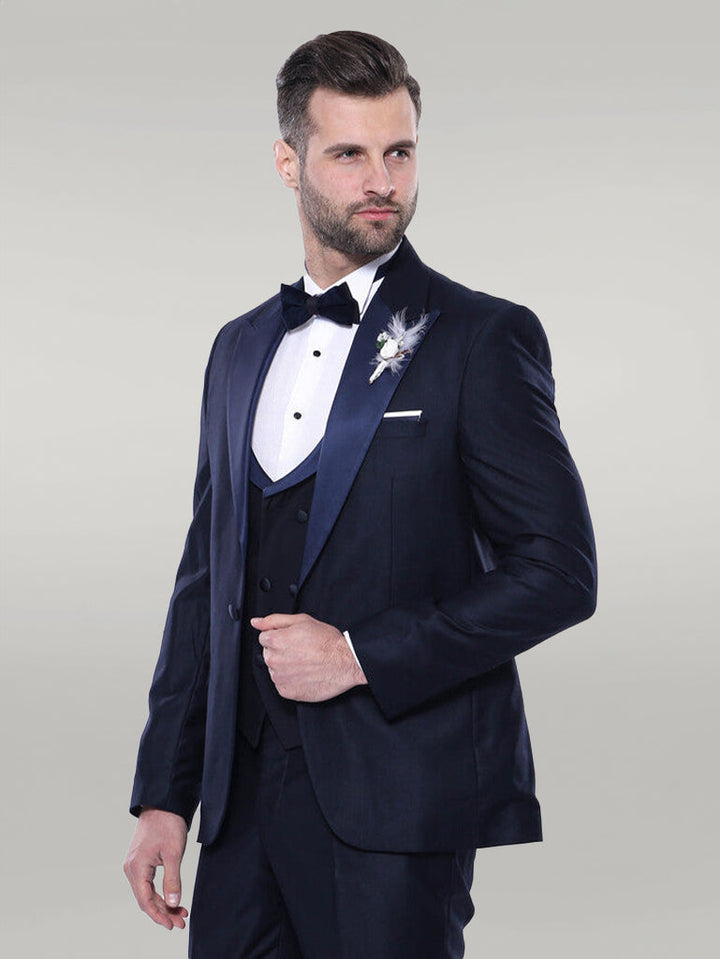 WSS Double Breasted Satin Lapel Navy Blue Men Tuxedo  - Singen