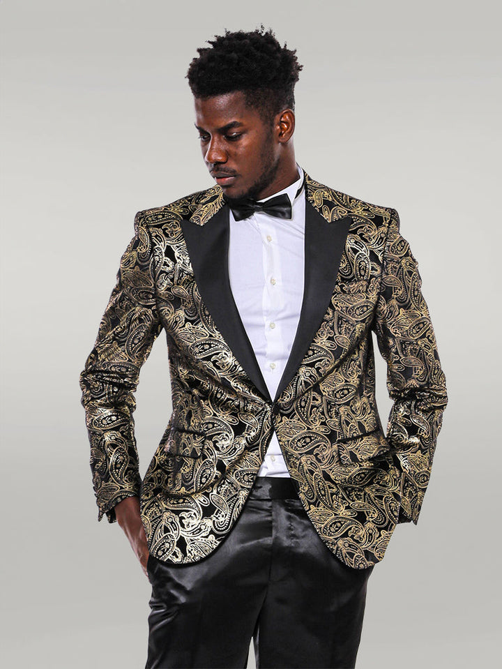 WSS Slim Fit Gold Paisley Patterned Black Men Tuxedo Blazer  - Singen