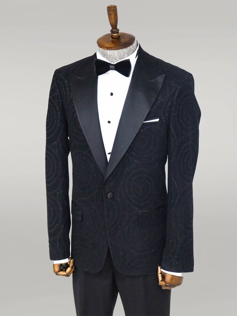 WSS Hypnose Pattern Peak Lapel Slim Fit Black Men Prom Blazer  - Singen