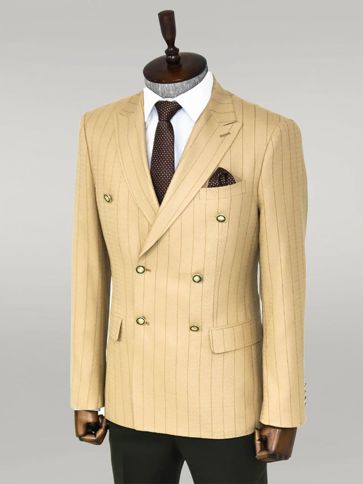 WSS Double Breasted Slim Fit Striped Cream Men Blazer  - Singen