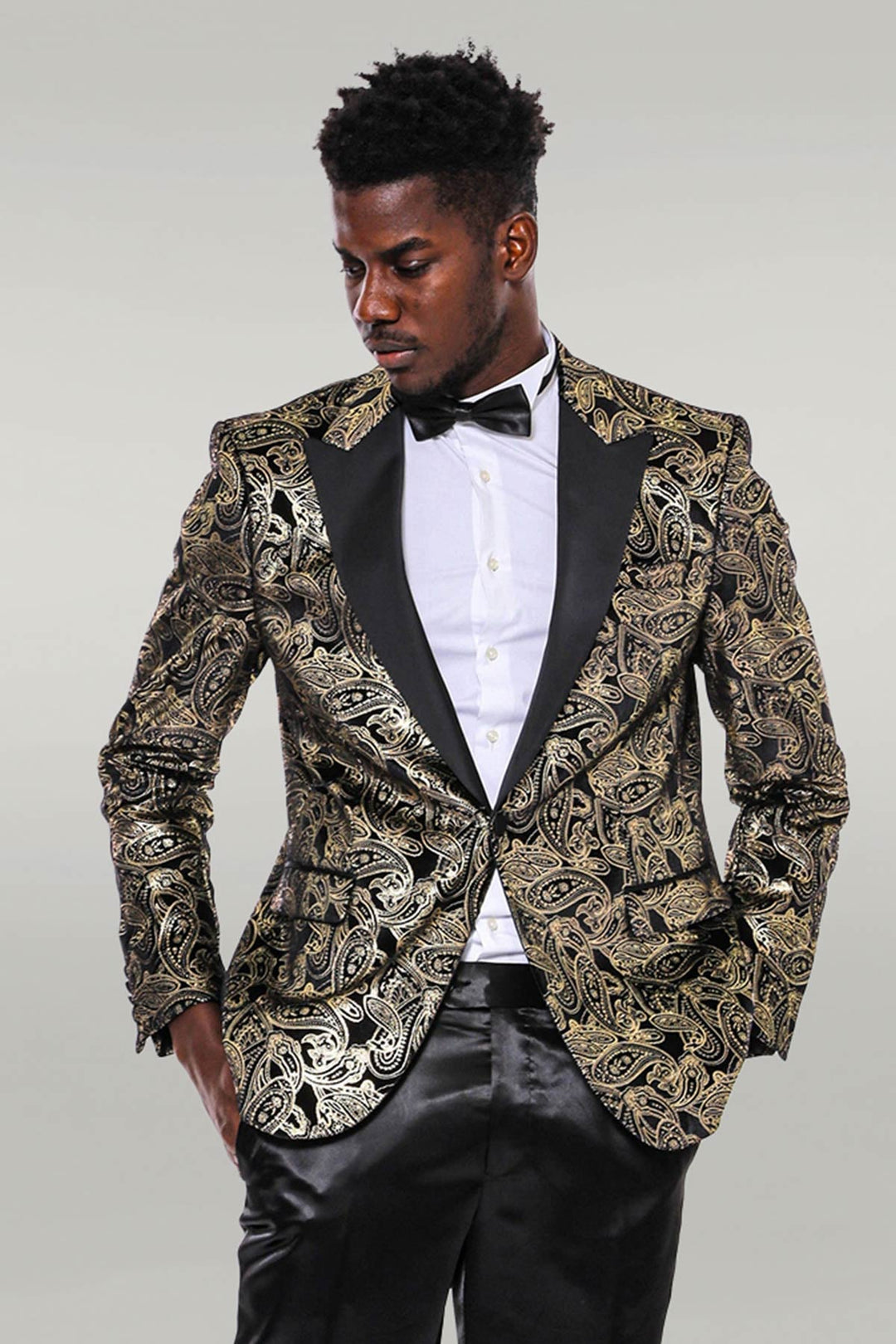 WSS Slim Fit Gold Paisley Patterned Black Men Tuxedo Blazer  - Singen