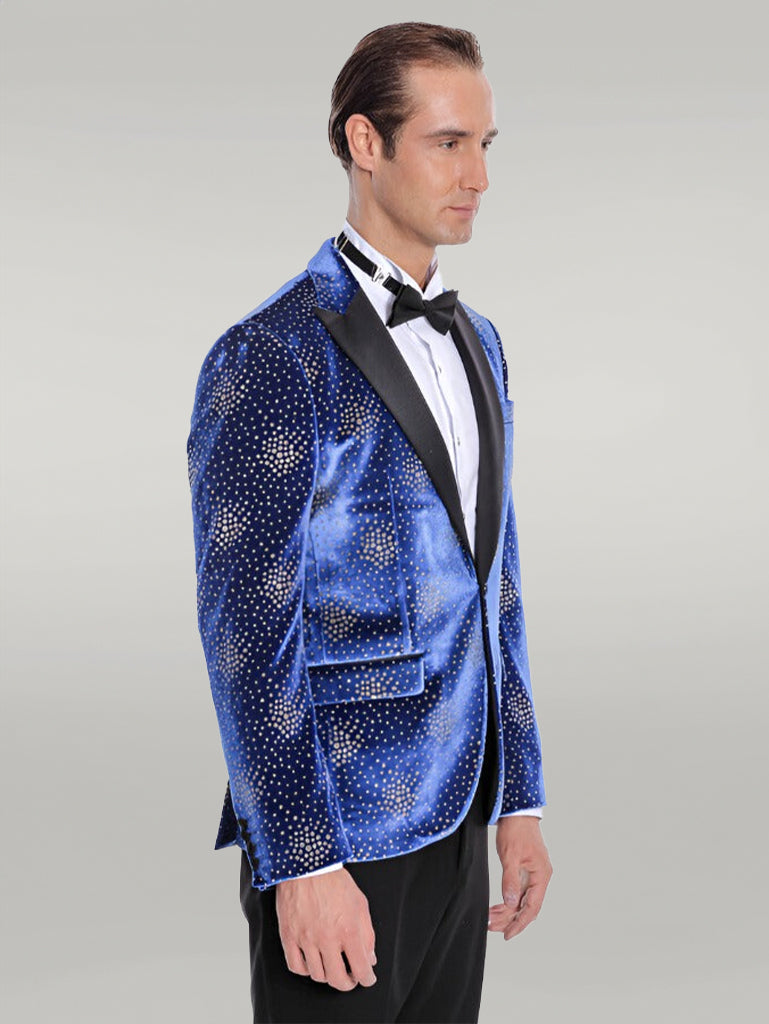 WSS Dot Patterned Peak Lapel Blue Men Prom Blazer  - Singen