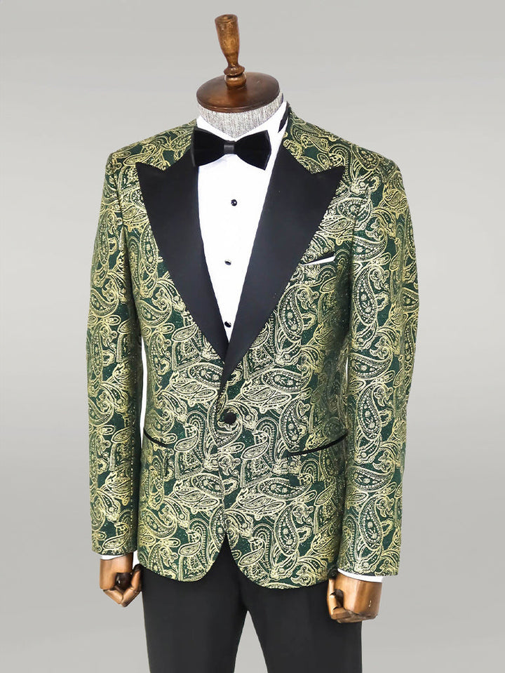 WSS Paisley Peak Lapel Green Men Prom Blazer  - Singen