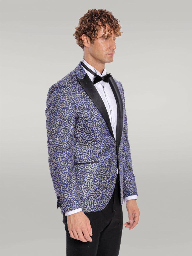 WSS Flower Embroidered Pattern Navy Blue Men Prom Blazer  - Singen