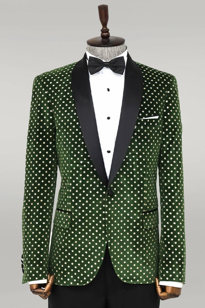 WSS Dot Pattern Slim Fit Dark Green Men Prom Blazer  - Singen