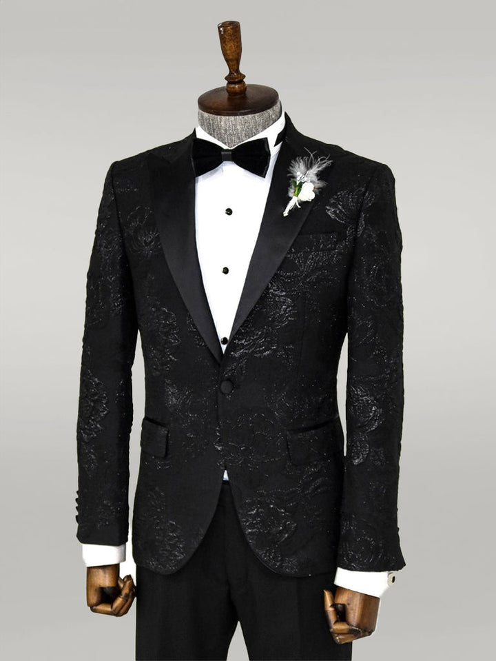 WSS Floral Patterned Peak Lapel Black Tuxedo Blazer  - Singen