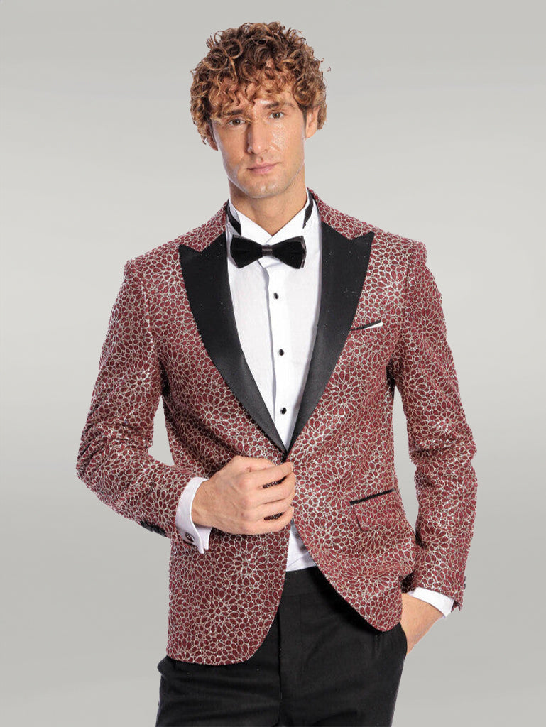 WSS Flower Embroidered Pattern Burgundy Men Prom Blazer  - Singen