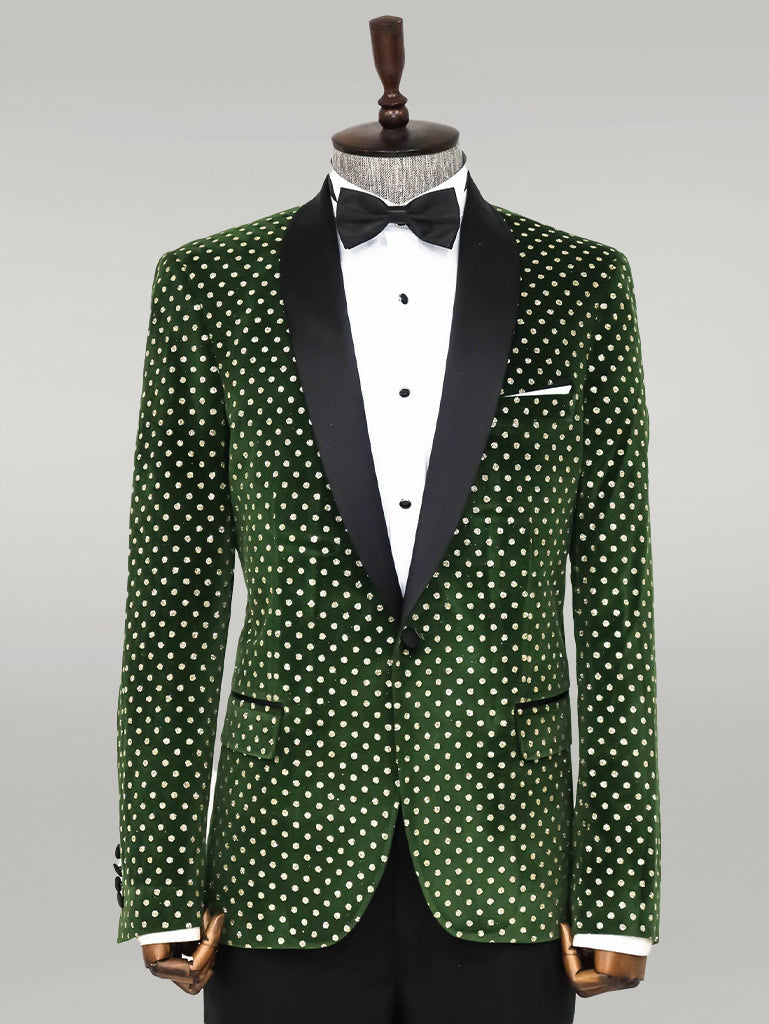 WSS Dot Pattern Slim Fit Dark Green Men Prom Blazer  - Singen