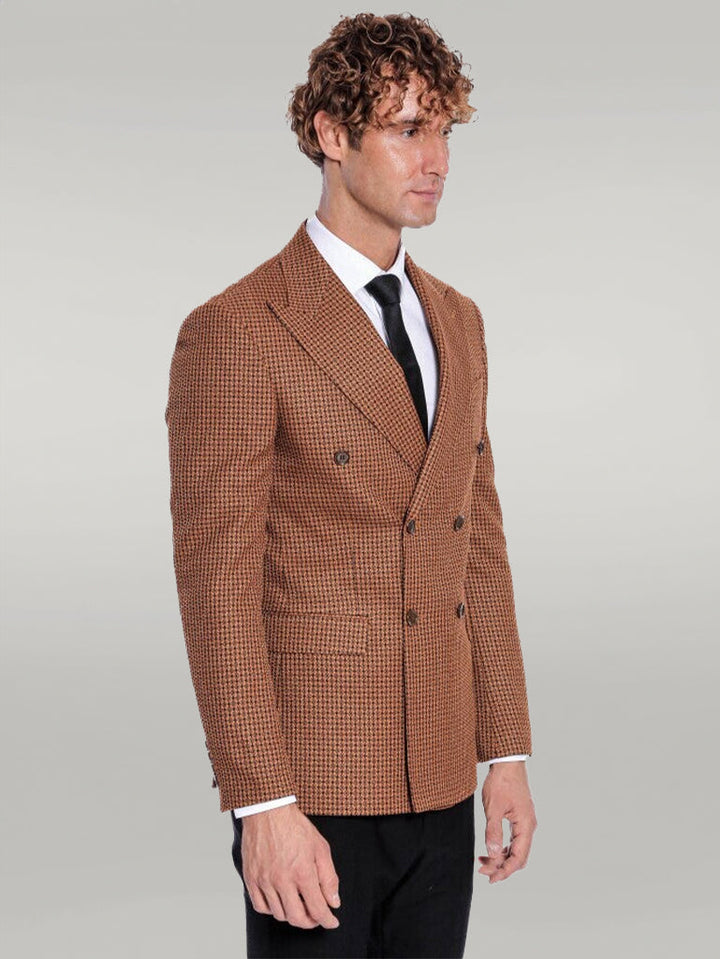 WSS Houndstooth Patterned Tawny Men Double Breasted Blazer  - Singen