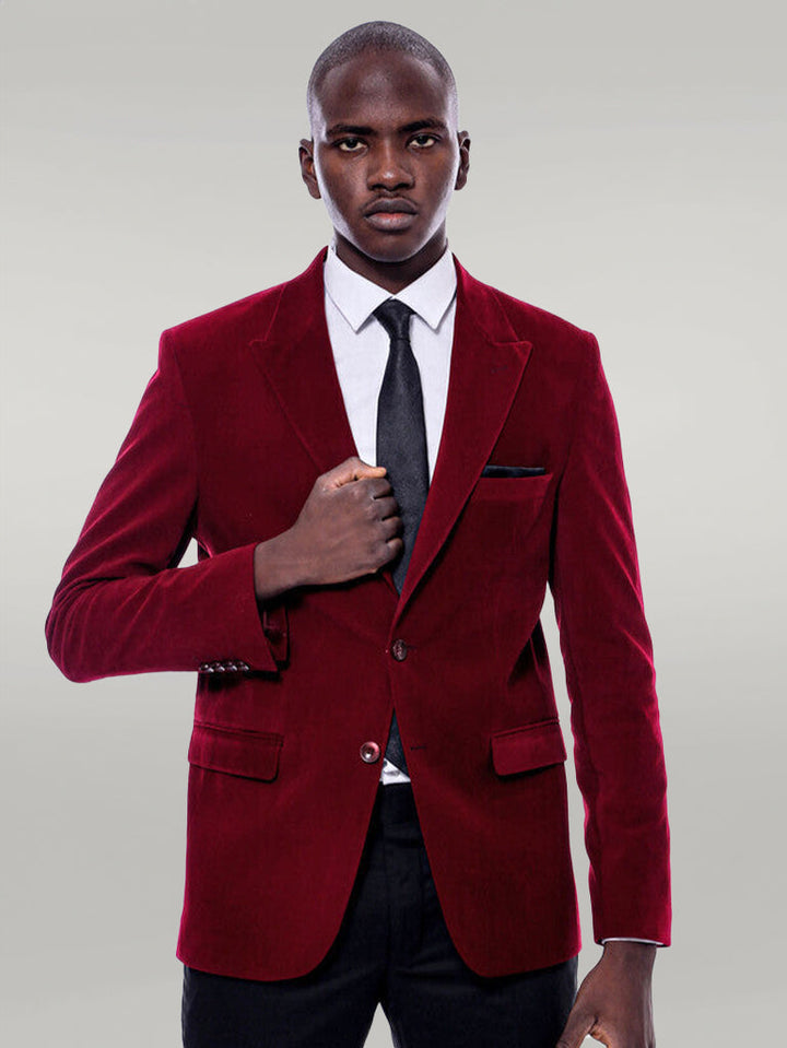 WSS Wide Peak Lapel Velvet Burgundy Men Blazer  - Singen