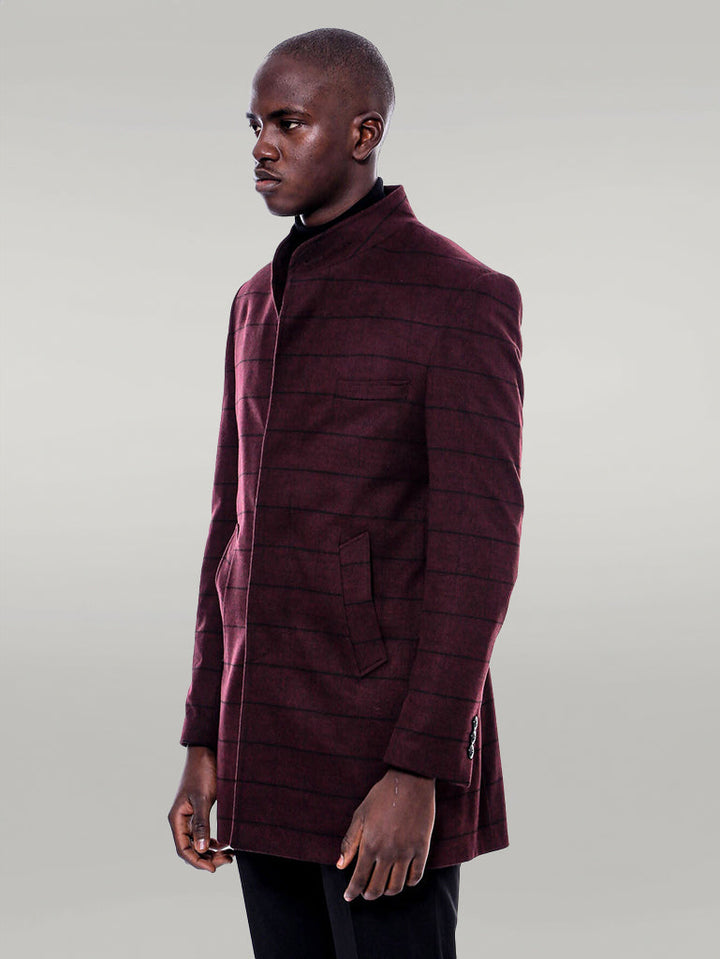 WSS Mandarin Collar Burgundy Checked Coat  - Singen