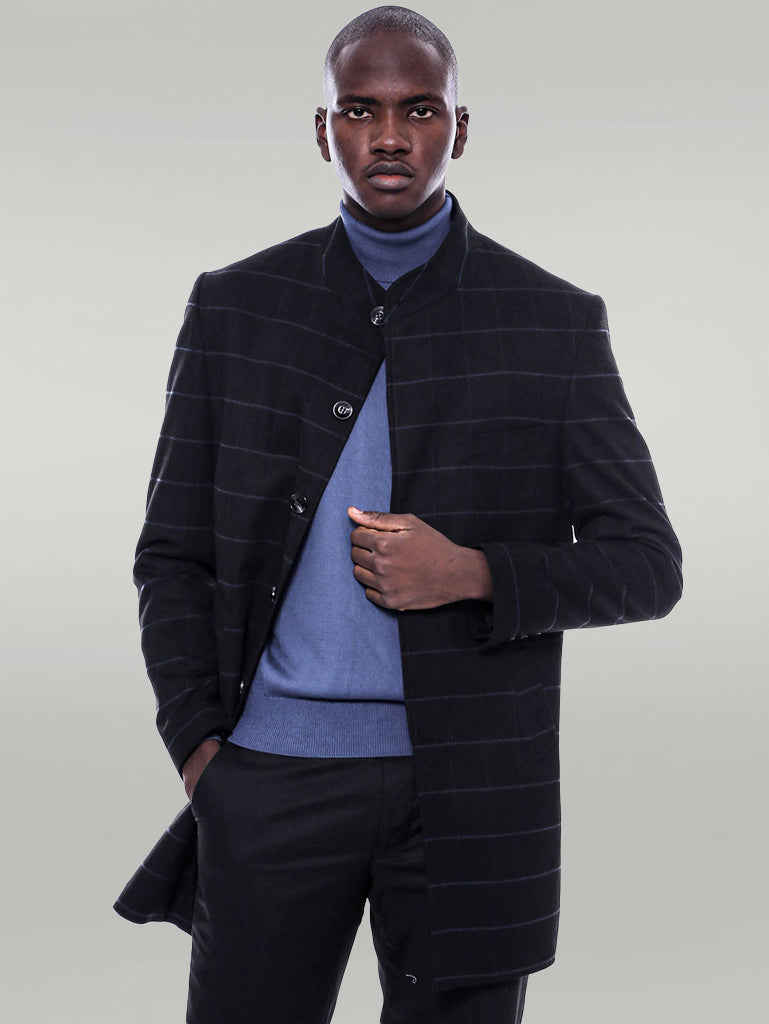 WSS Mandarin Collar Black Checked Coat  - Singen