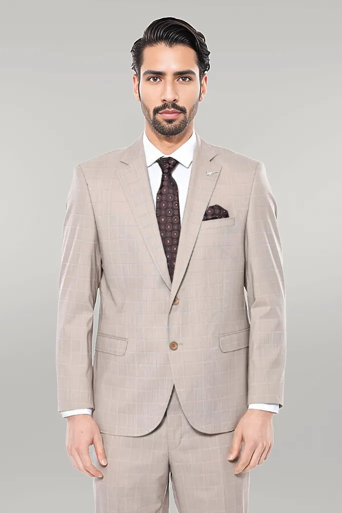 WSS 4 Drop Checked Regular Fit Beige Suit  - Singen