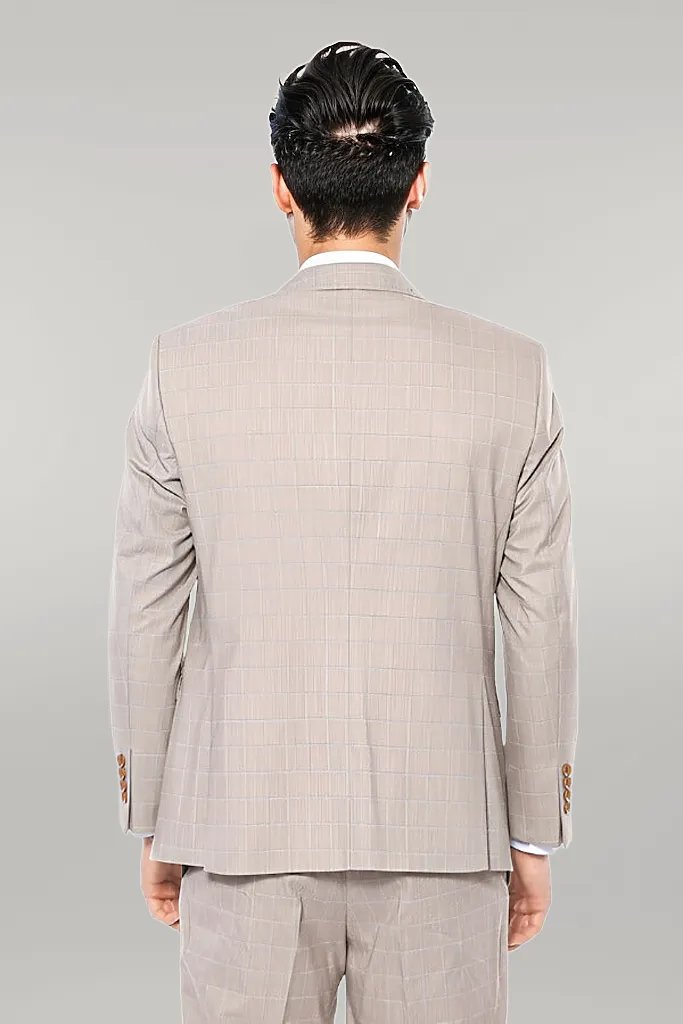 WSS 4 Drop Checked Regular Fit Beige Suit  - Singen