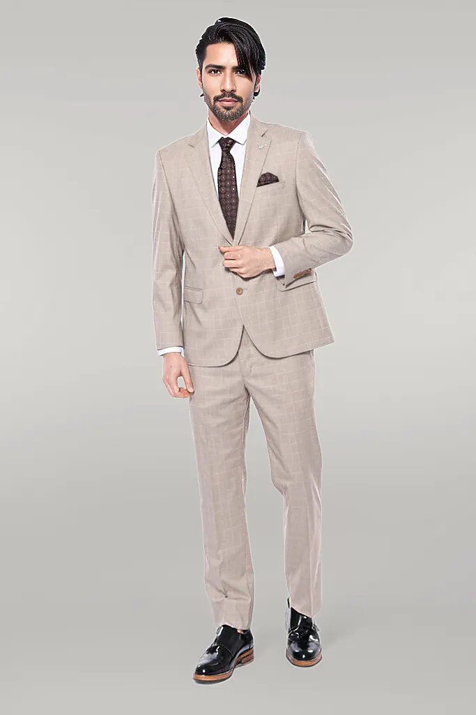 WSS 4 Drop Checked Regular Fit Beige Suit  - Singen