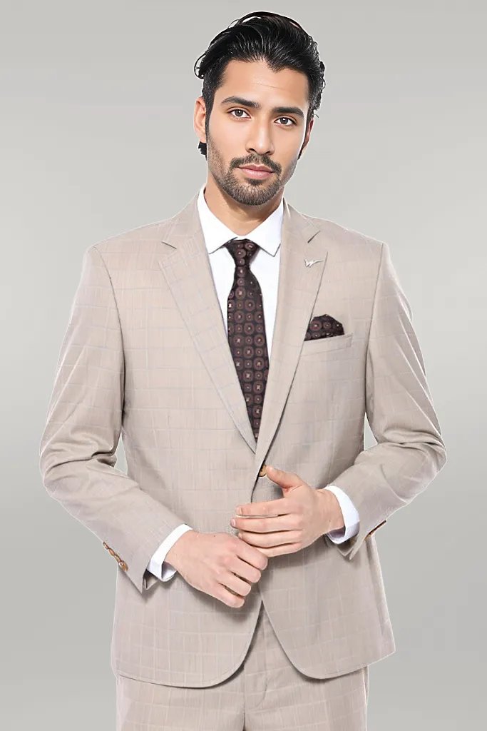 WSS 4 Drop Checked Regular Fit Beige Suit  - Singen