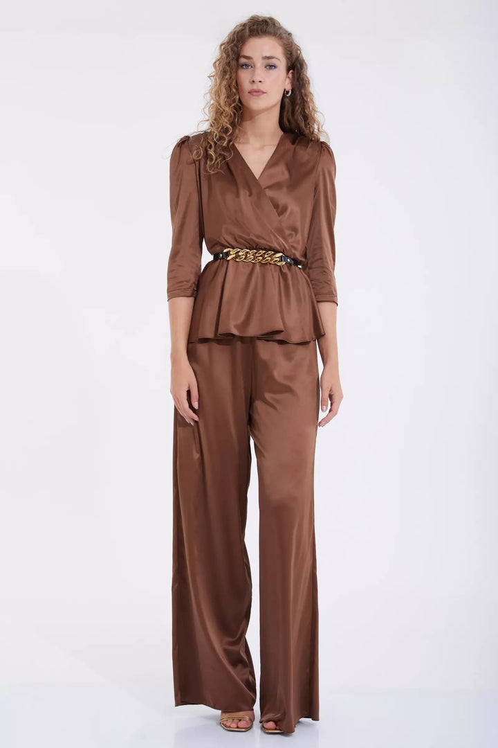 FRV Brown satin 3/4 sleeve maxi set - Tlapa de Comonfort