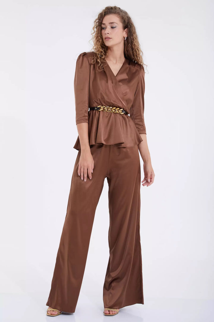 FRV Brown satin 3/4 sleeve maxi set - Tlapa de Comonfort