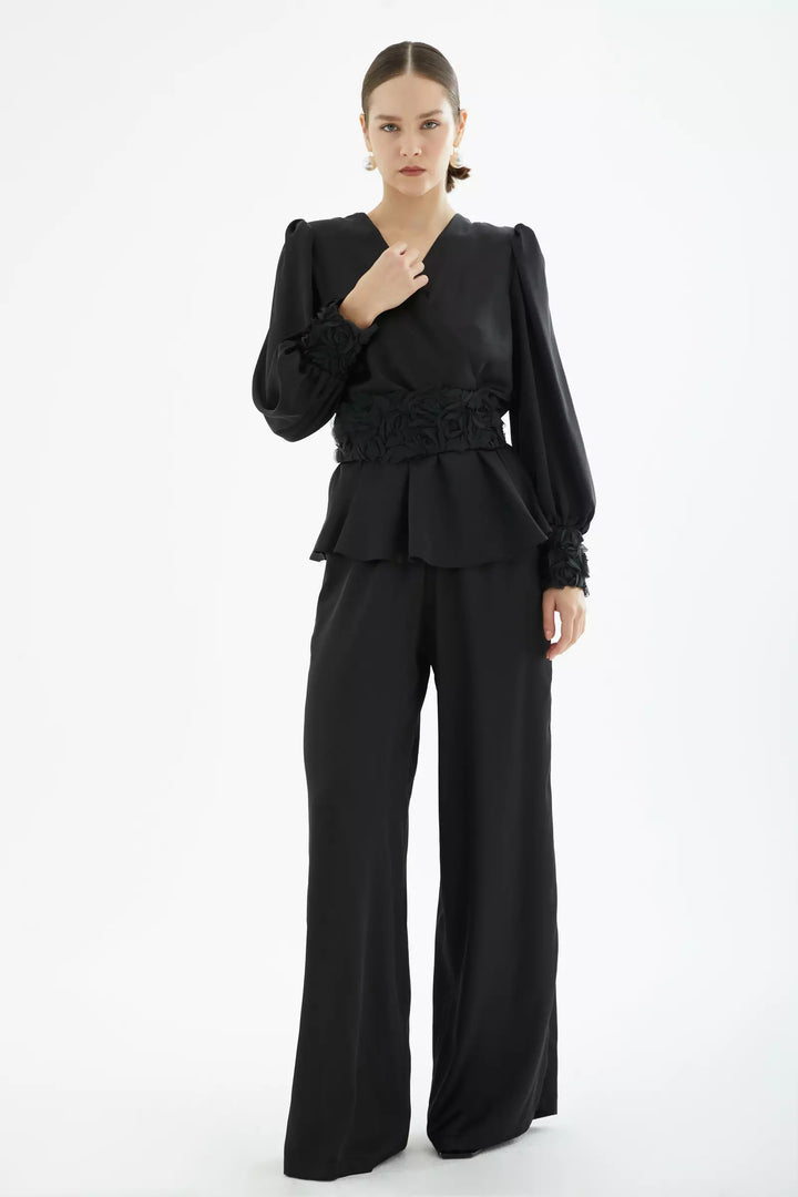 FRV Black satin long sleeve maxi set - Tomelloso