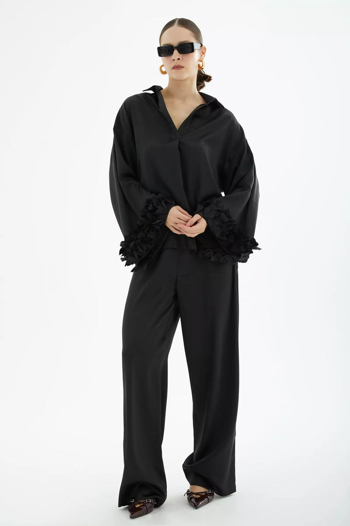 FRV Black satin long sleeve maxi set - Ílion