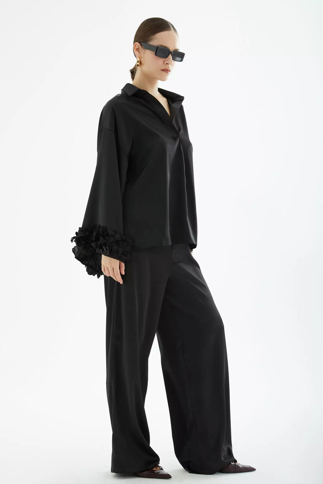 FRV Black satin long sleeve maxi set - Ílion