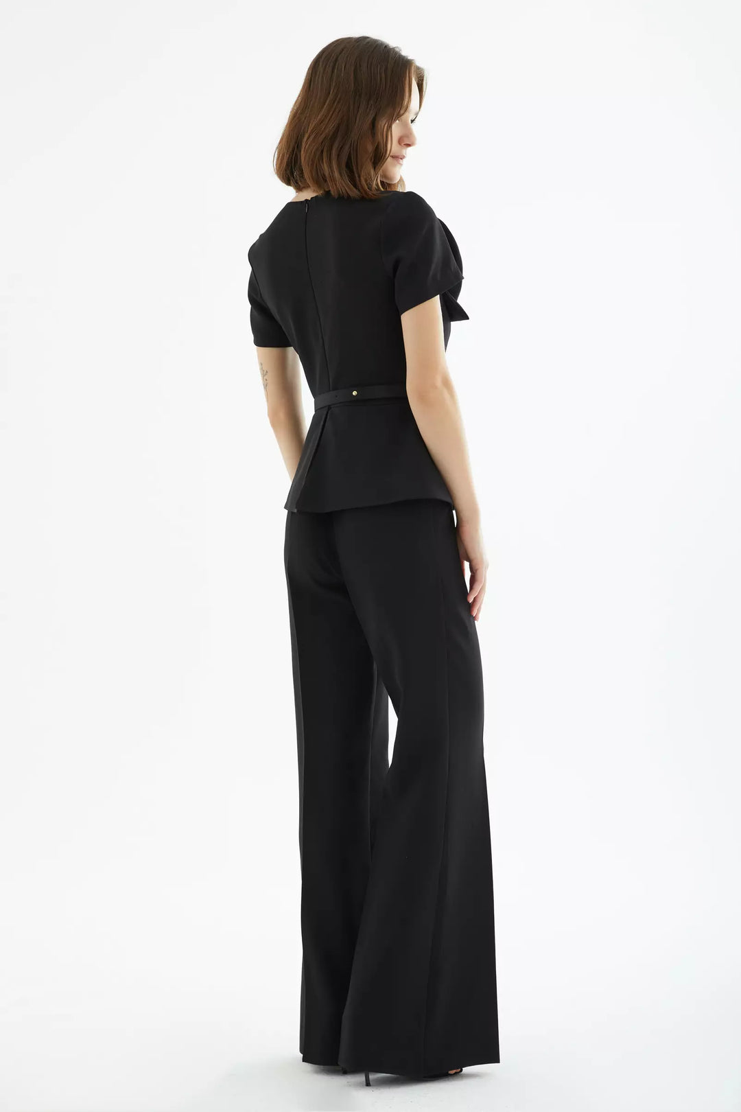 FRV Black crepe short sleeve maxi overalls - Valenciennes