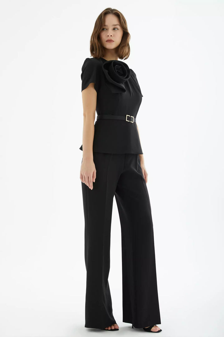 FRV Black crepe short sleeve maxi overalls - Valenciennes