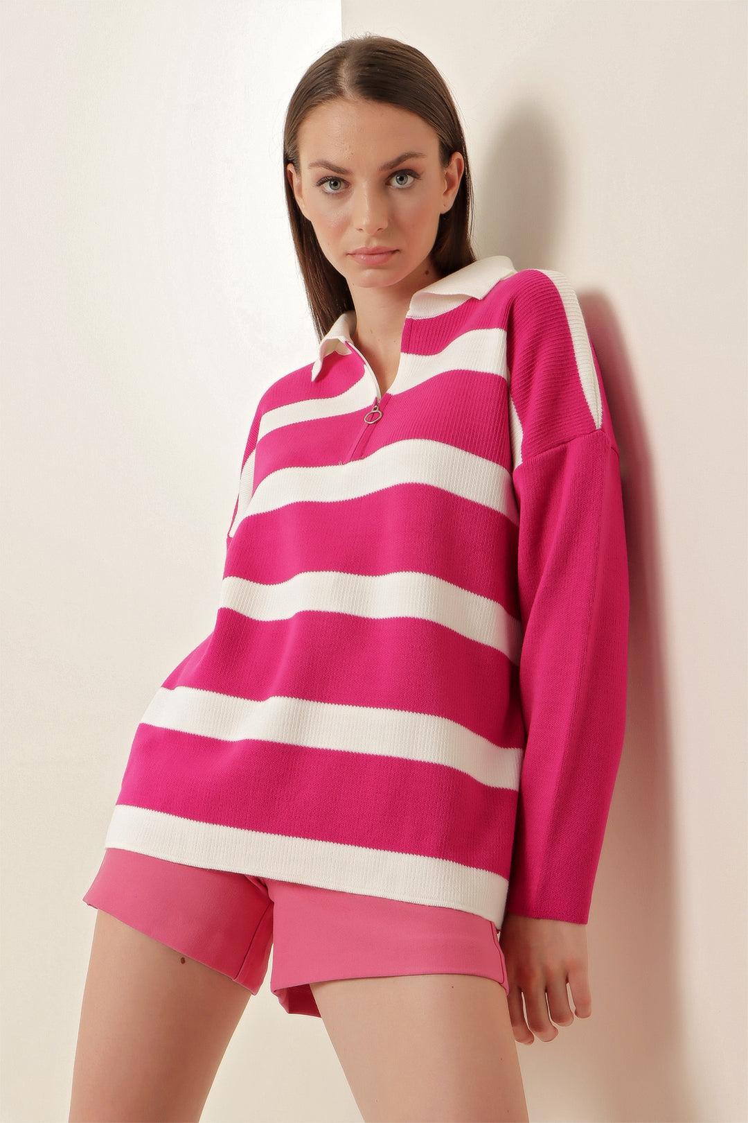 BGD Women Striped Oversized Sweater - Fuchsia - Avondale