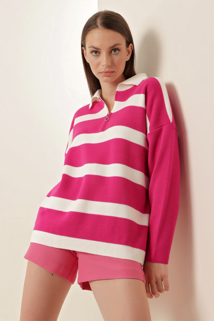 BGD Women Striped Oversized Sweater - Fuchsia - Avondale