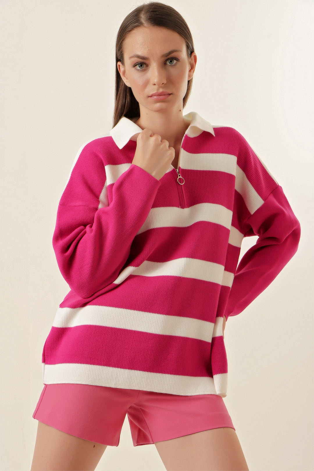 BGD Women Striped Oversized Sweater - Fuchsia - Avondale